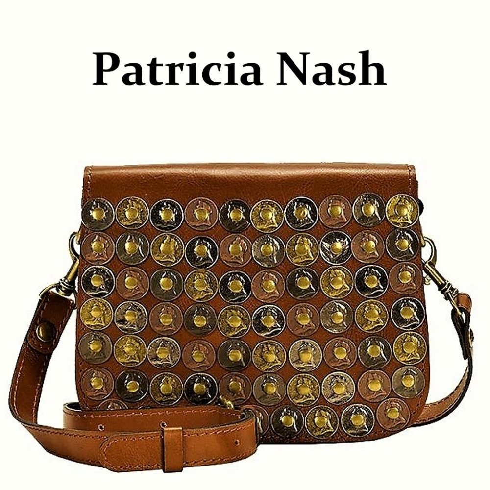 NWT PATRICIA NASH Rivoli Brown Crossbody Saddlebag Metal Coin Embellishment